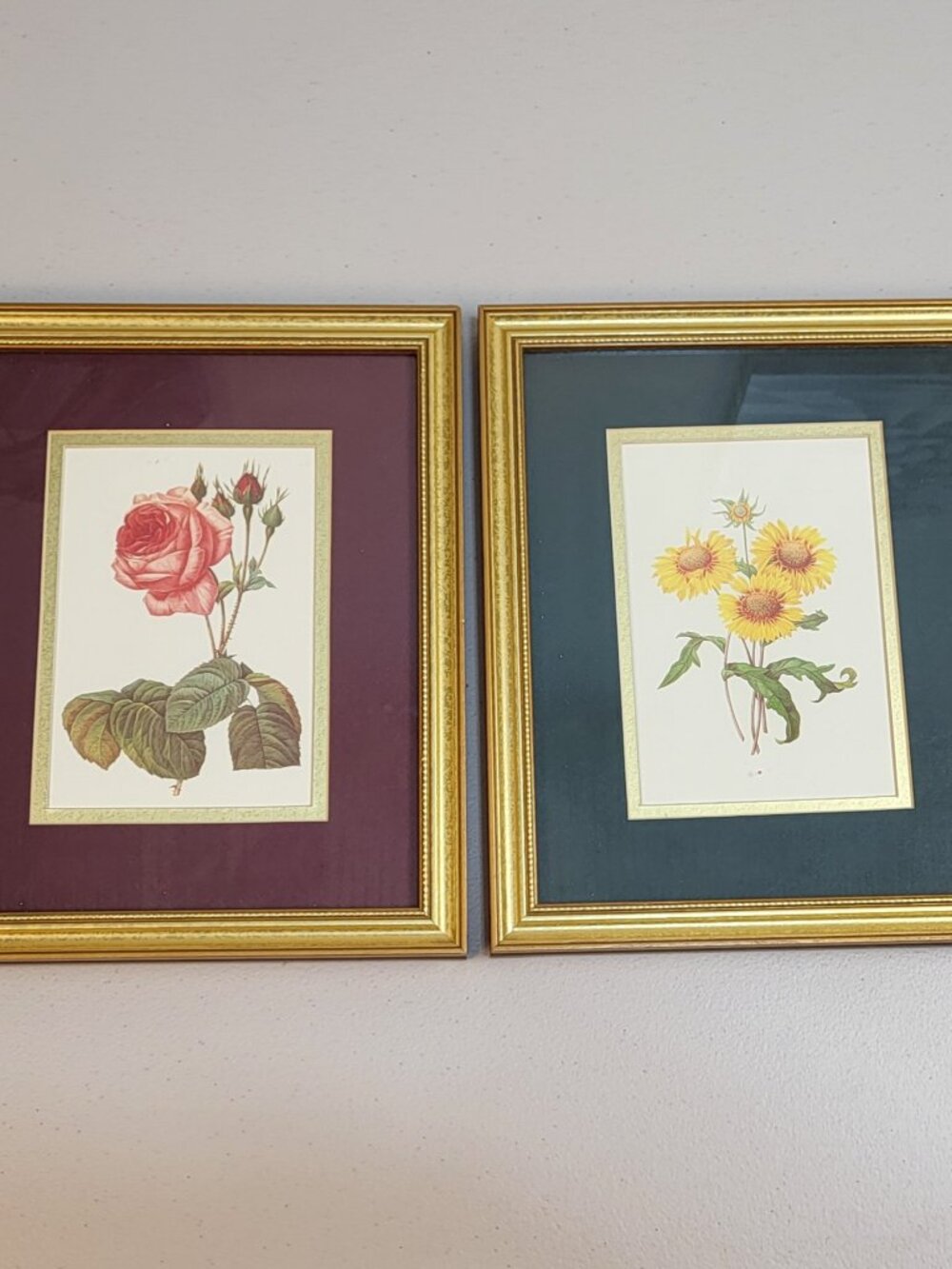 Vintage Art Prints Pair Botanical Flora Rose Yellow Daisy Gilt Frame '95 Box USA